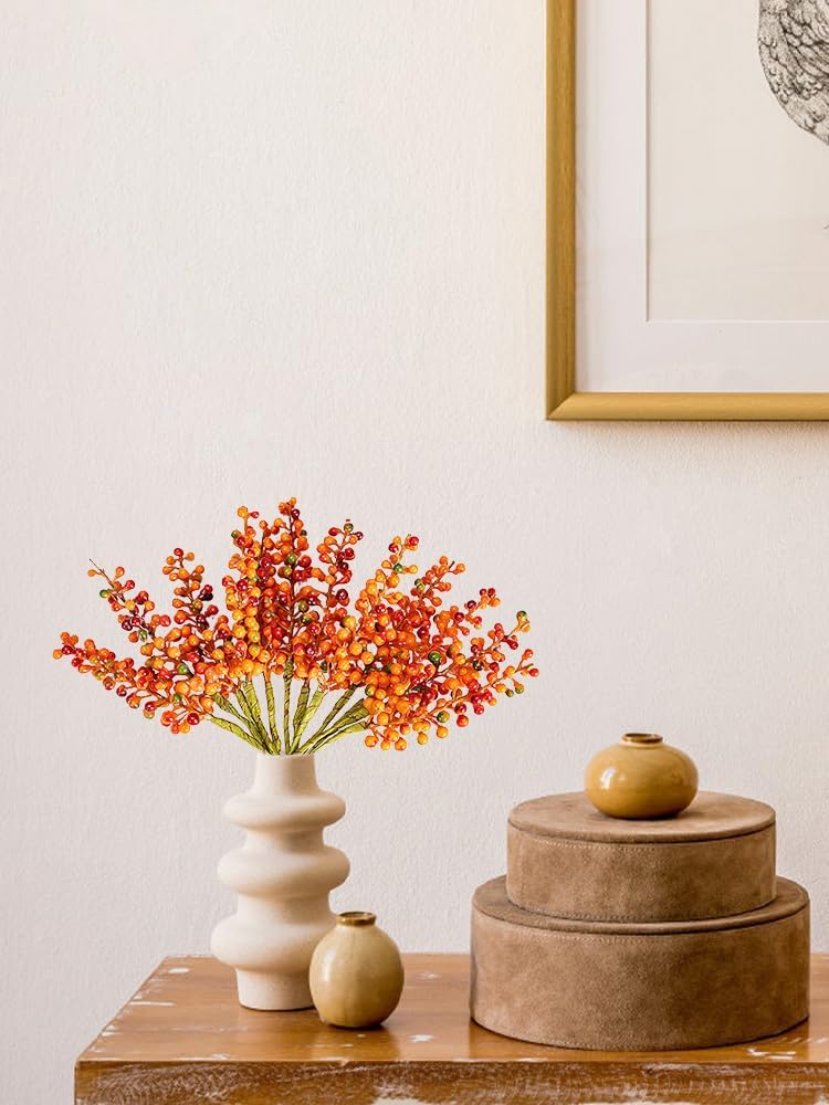 Belupai 12 Pc Orange Fall Berry Stem Decor