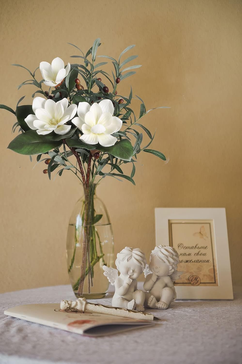 White Silk Magnolia Flowers and Olive Branches Artificial Flower Set for Vases