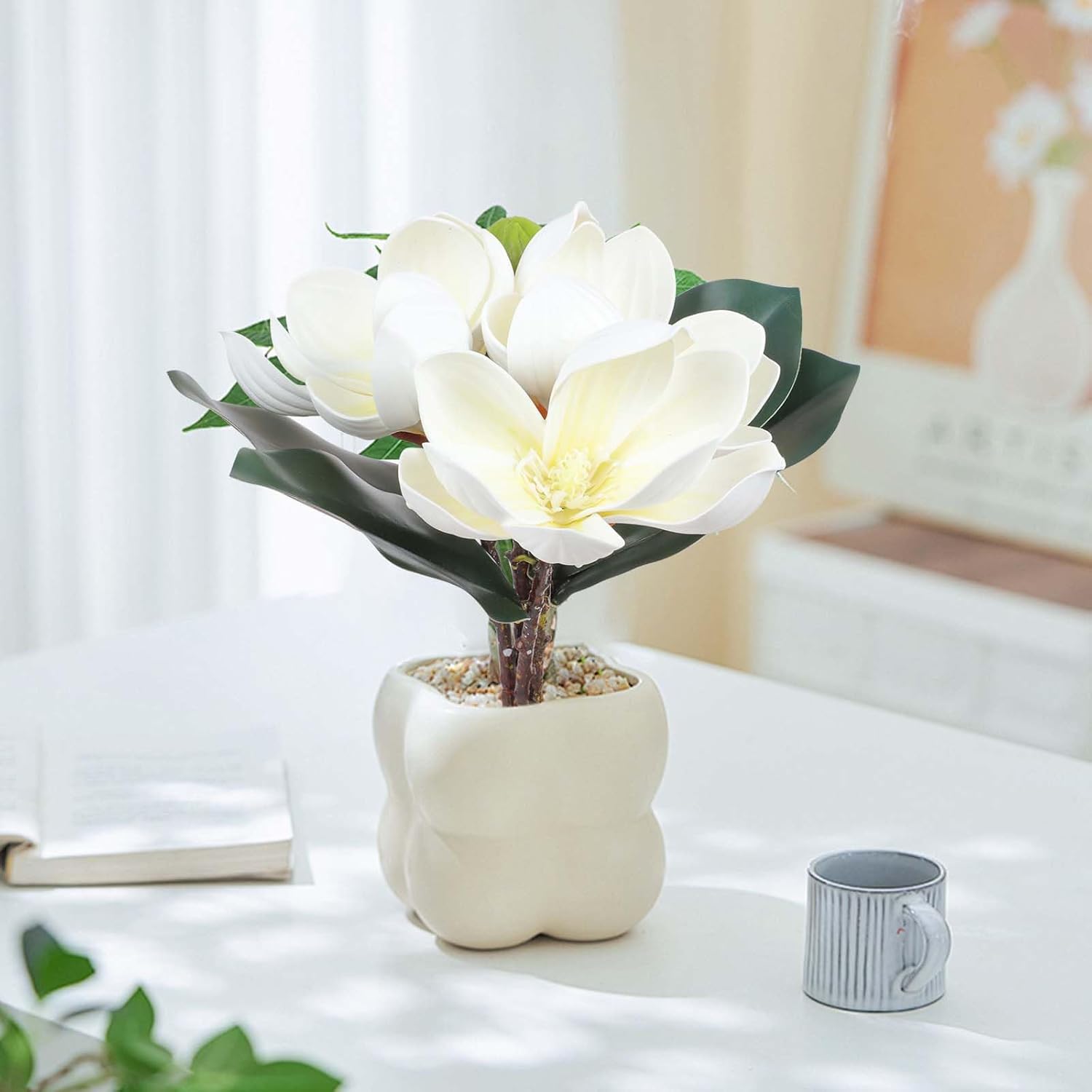 Lovmeety 2 Bundles Artificial Magnolia Flowers