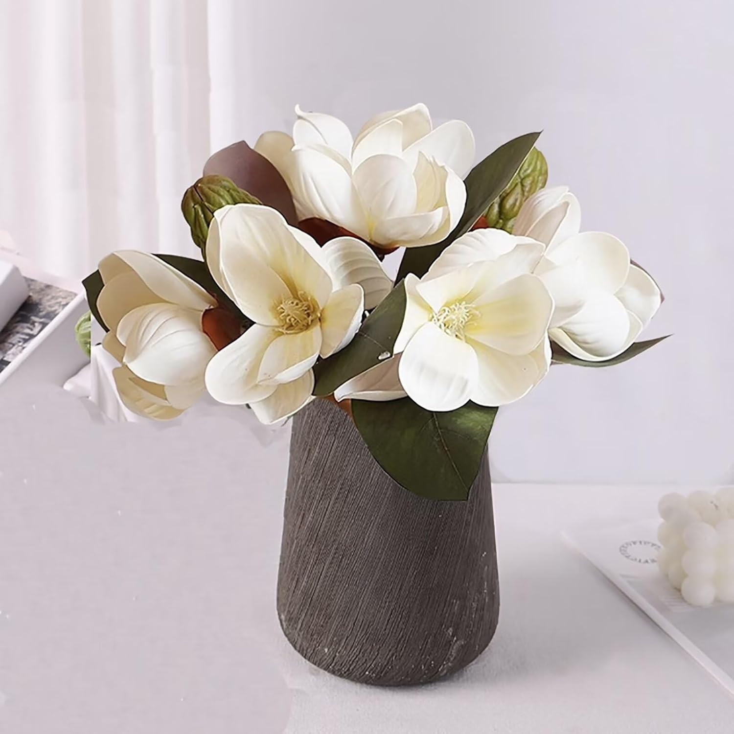 Lovmeety White Magnolia Artificial Flowers 2 Pack Bouquet Decor