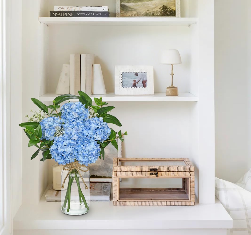 Hollyone Blue Hydrangea Artificial Flowers in Clear Glass Vase