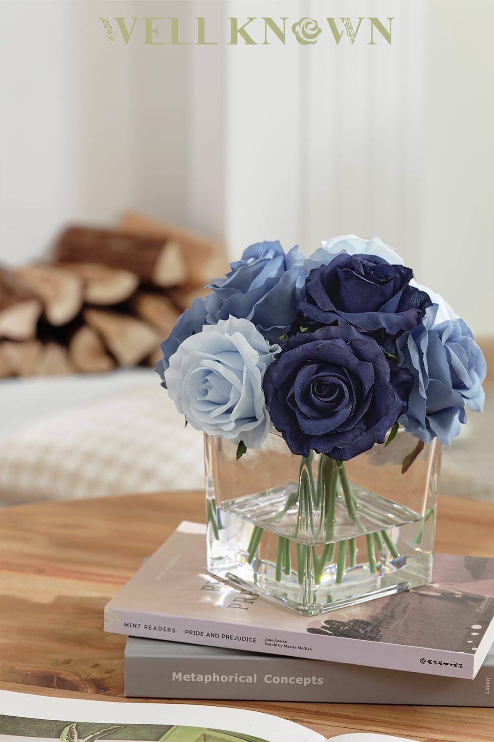 Silk Rose Artificial Flowers in Blue Vase with Faux Water