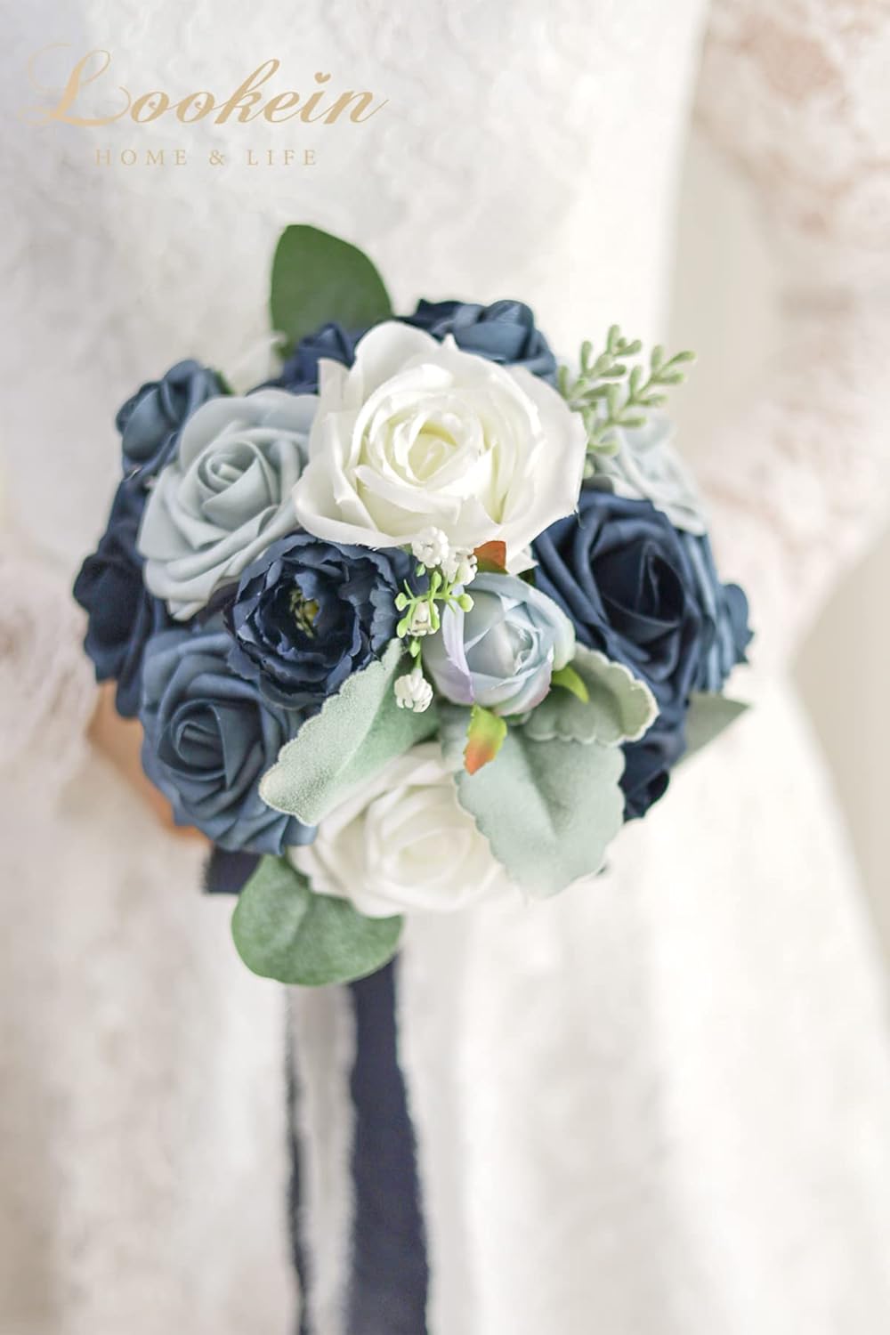 Lookein 4pcs 7 Inch Artificial Bridesmaid Bouquets Navy Blue