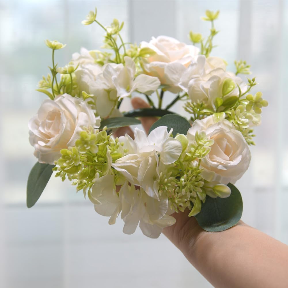 2 Pcs Artificial Rose and Hydrangea Candle Wreaths 3 Inch Center White