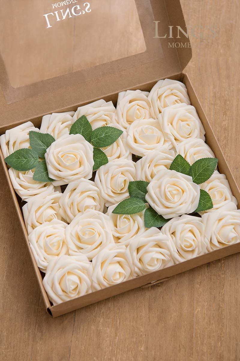 Lings Moment Artificial Flowers 50Pcs Cream Roses Decor with Stems