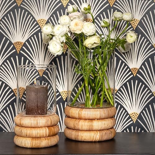 Creative Co Op Glass Hurricane Vase with Woven Rattan Base Small