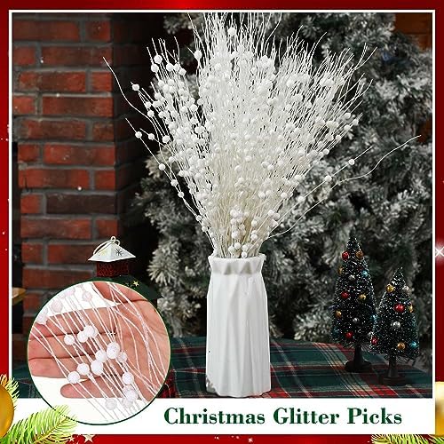 Libima 36 Pcs Glitter Berry Stem Ornaments White