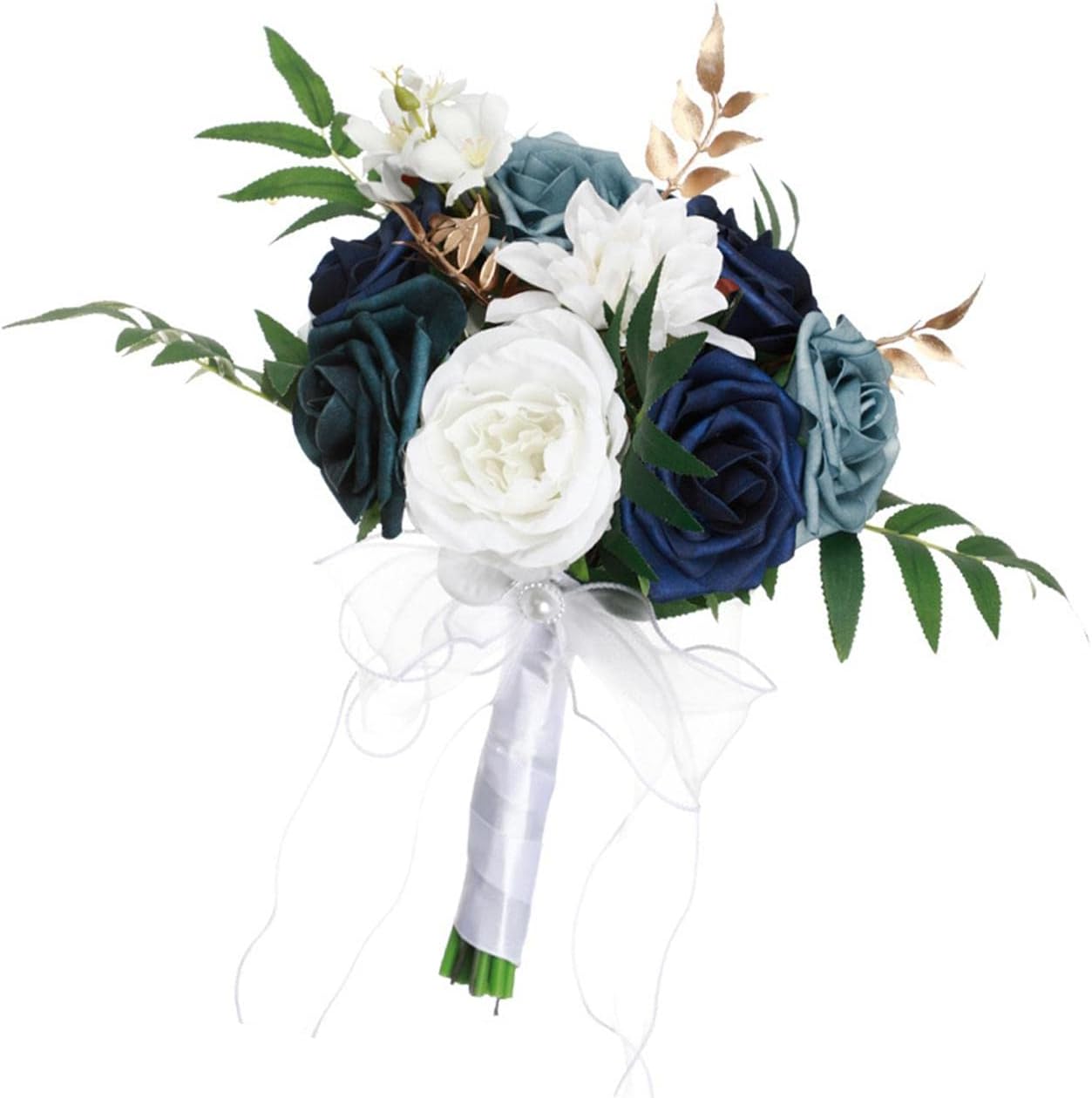 Elegant Blue White Bridal Bouquet with Ribbon