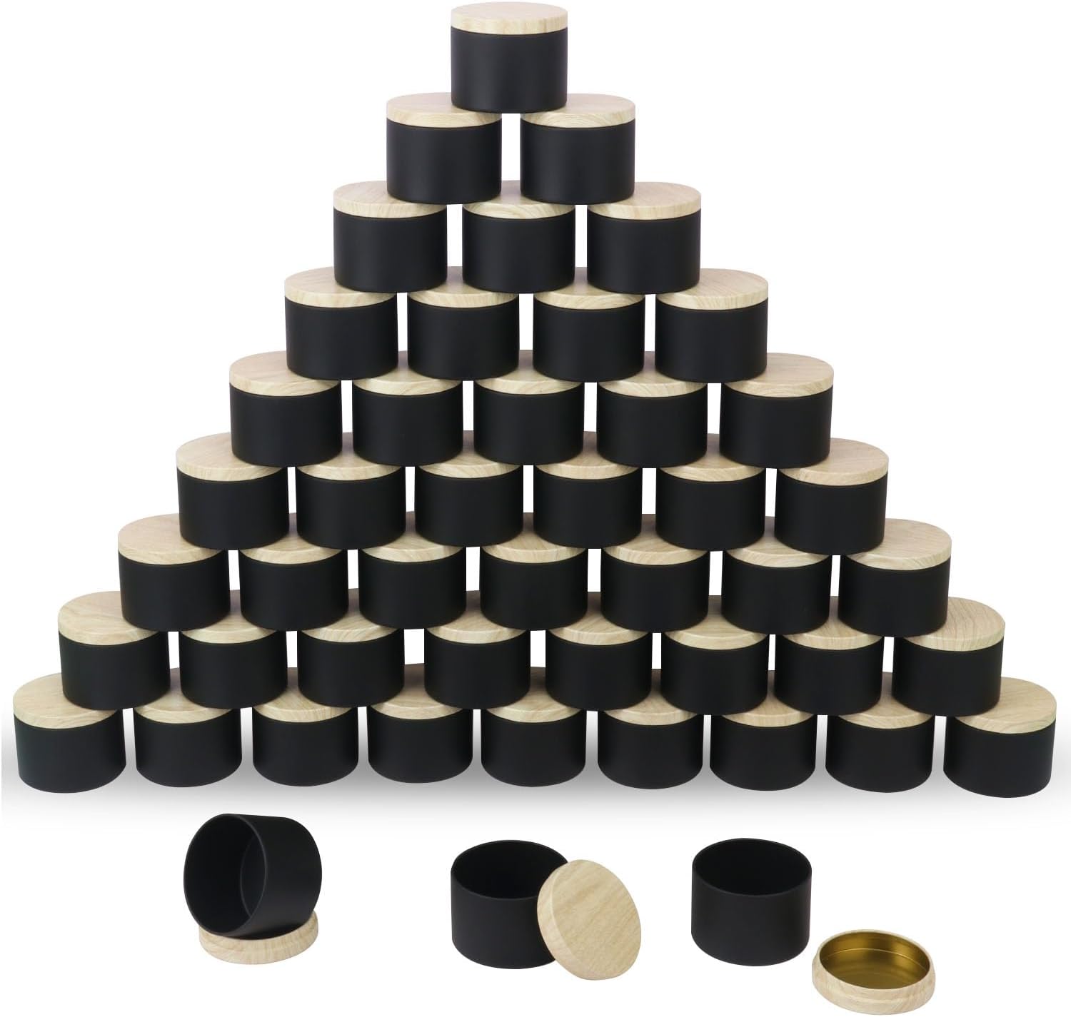 48 Pack 4 Oz Black Metal Candle Tins with Wood Grain Lids