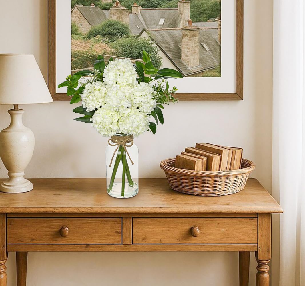 Hollyone Artificial Hydrangea Flowers with Clear Glass Vase