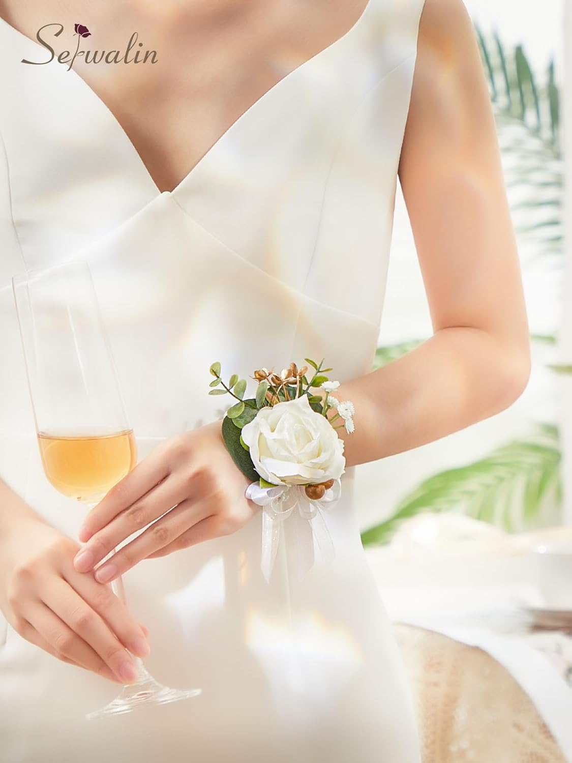 Serwalin 6Pcs White Prom Corsage Wristlet Set
