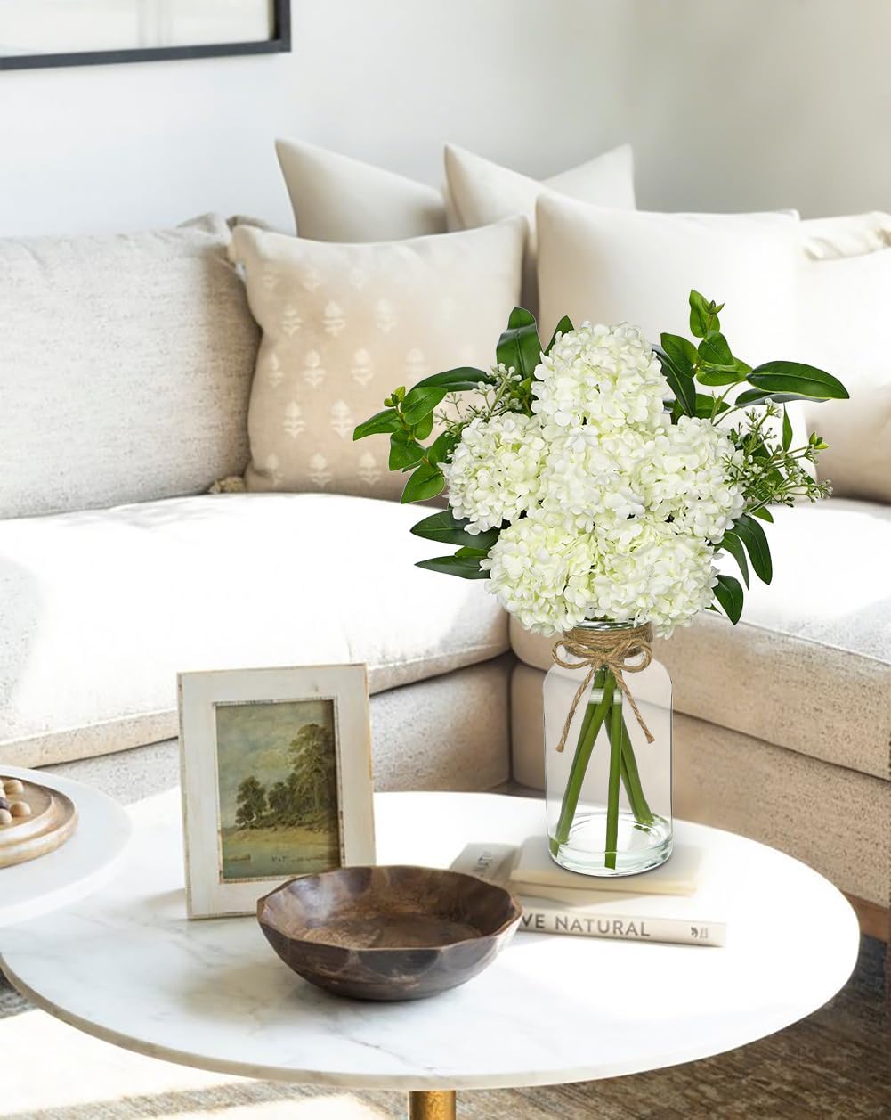 Hollyone Artificial Hydrangea Flowers with Clear Glass Vase