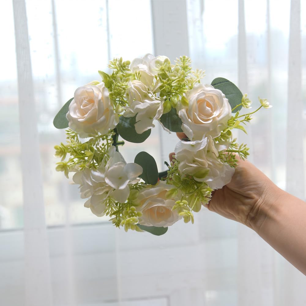 2 Pcs Artificial Rose and Hydrangea Candle Wreaths 3 Inch Center White