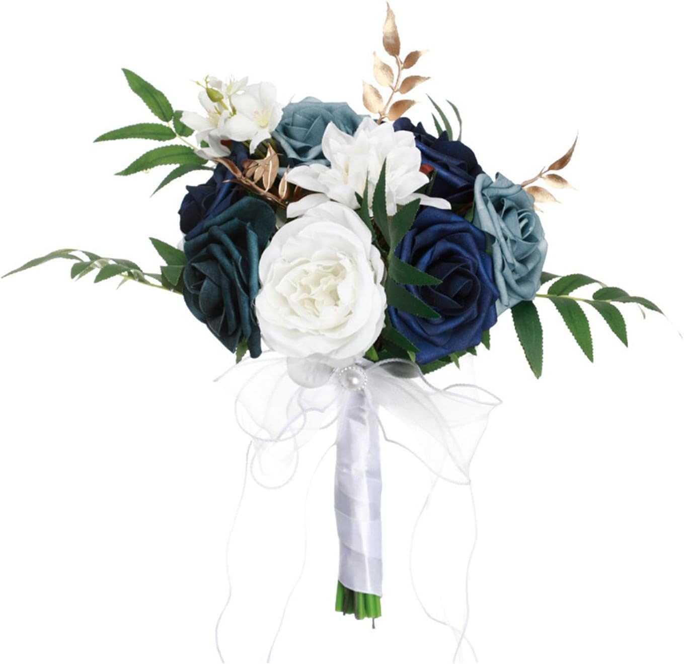 Elegant Blue White Bridal Bouquet with Ribbon