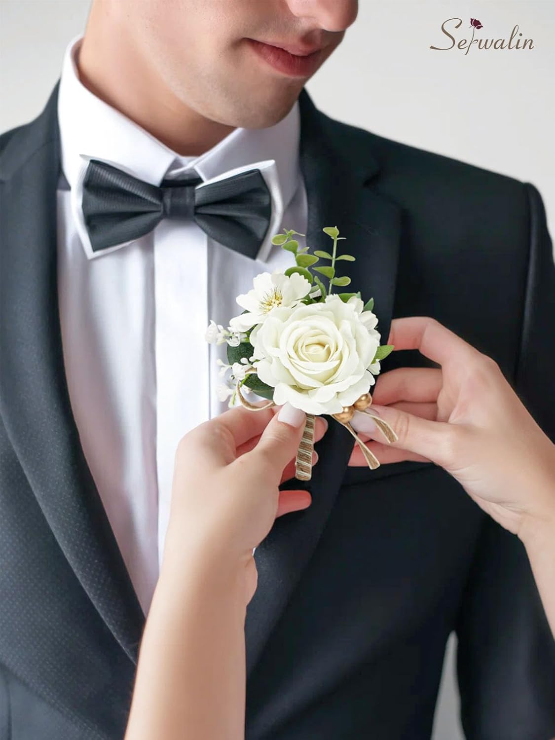 Serwalin 6PCS Ivory Rose Boutonniere for Men Wedding Groomsmen