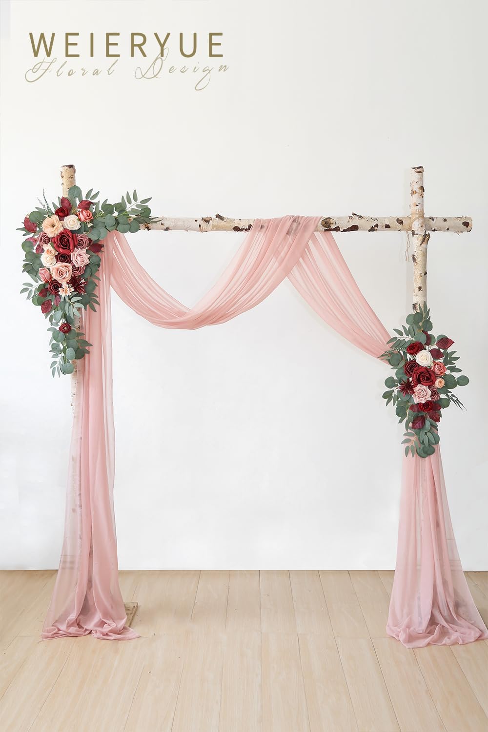 Artificial Wedding Arch Flowers Kit with 3 Pieces and Chiffon Drape