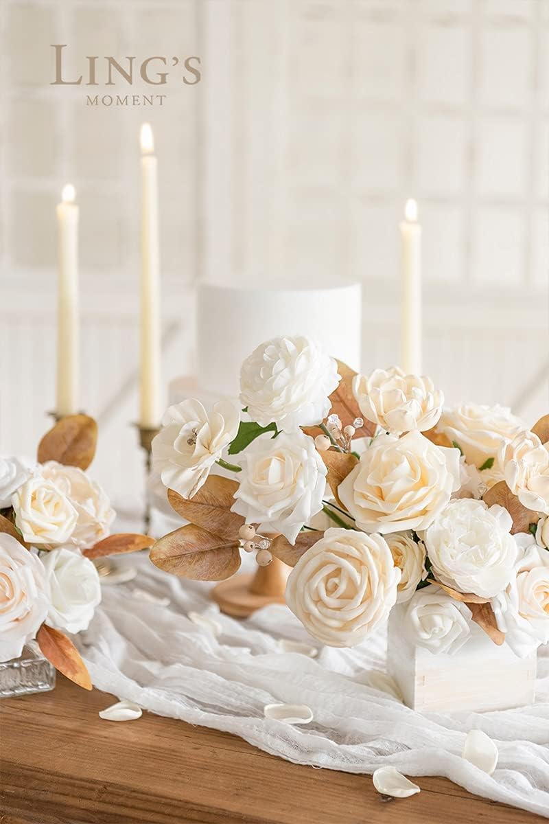Lings Moment Artificial Flowers 50Pcs Cream Roses Decor with Stems