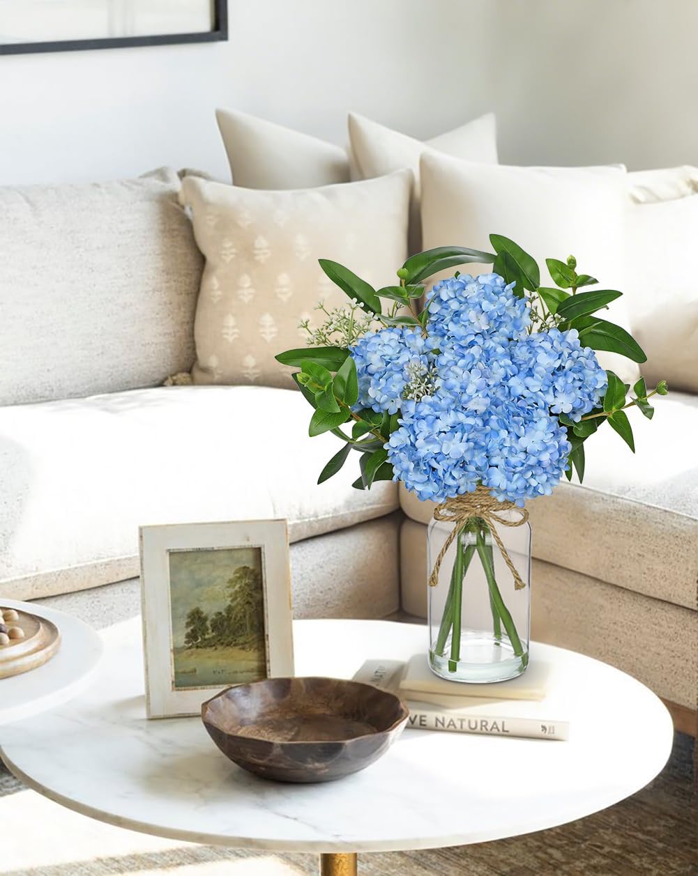 Hollyone Blue Hydrangea Artificial Flowers in Clear Glass Vase