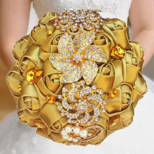 Gold Rhinestone Brooch Wedding Bouquet with Satin Roses and Crystals