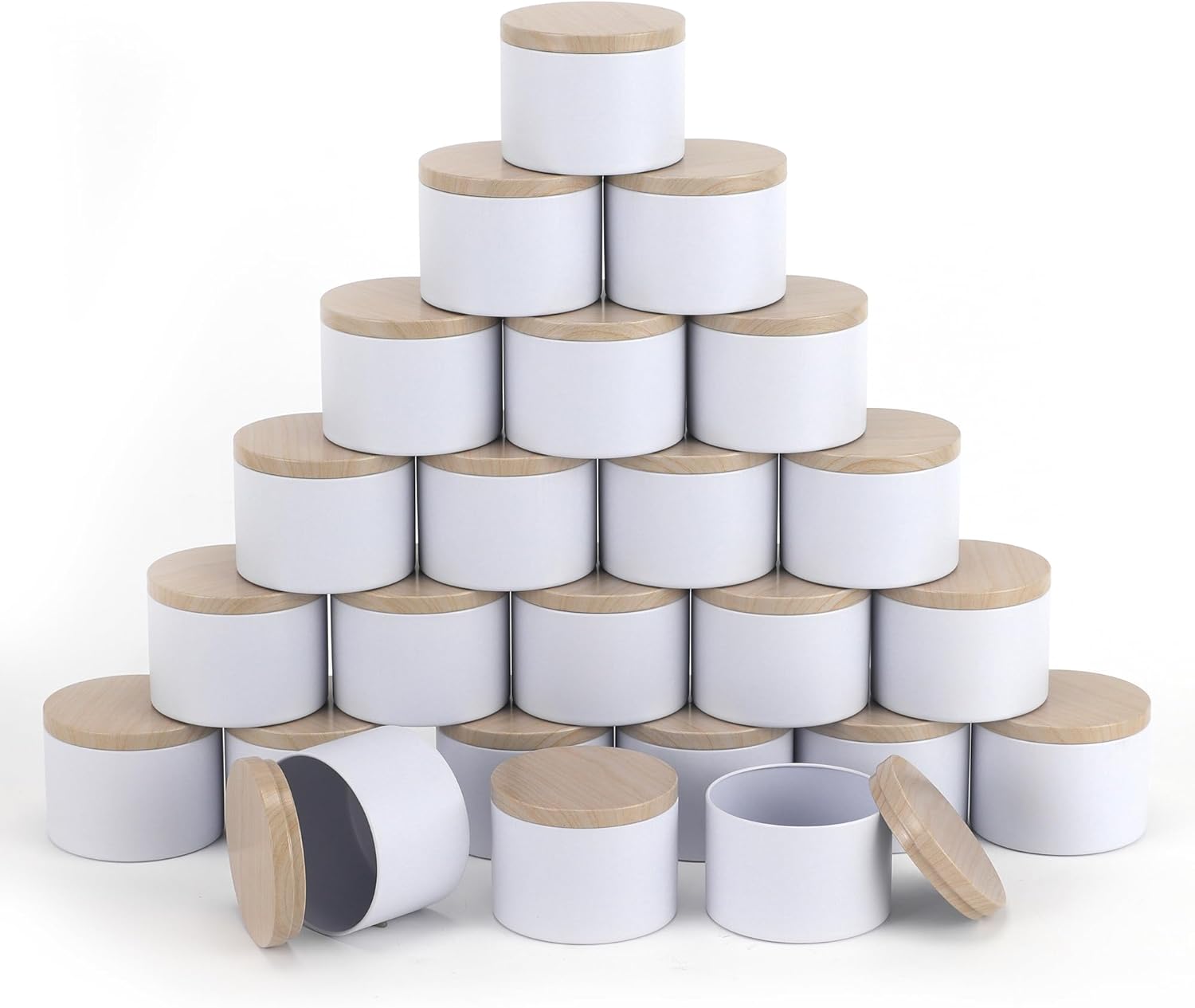 NEXBEXES 24PCS 8oz White Candle Tins with Wood Grain Metal Lids