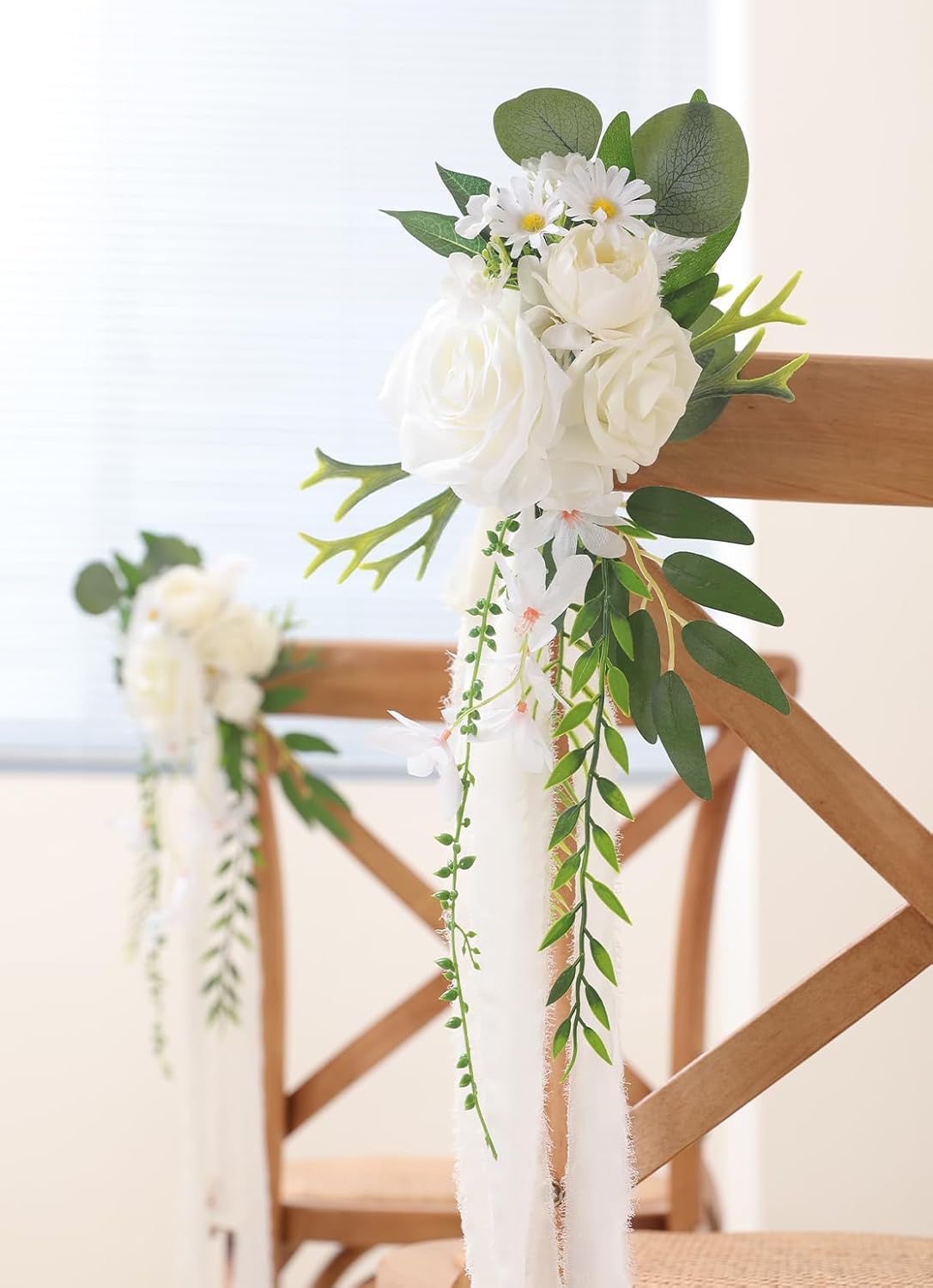 Wedding Chair Decorations 8pcs Artificial Flowers with Chiffon Ribbons