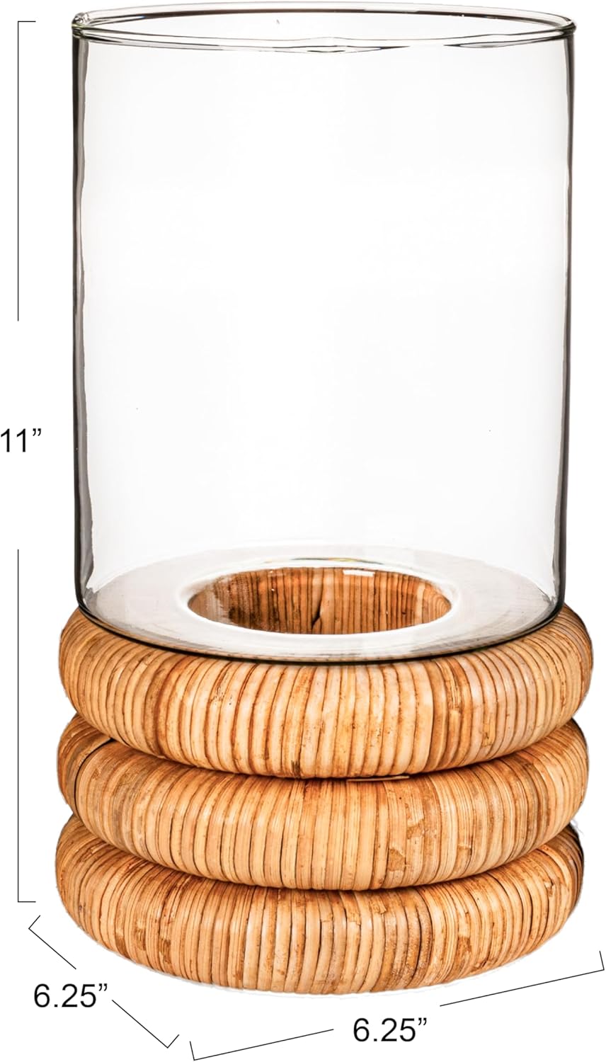 Creative Co Op Glass Hurricane Vase with Woven Rattan Base Small