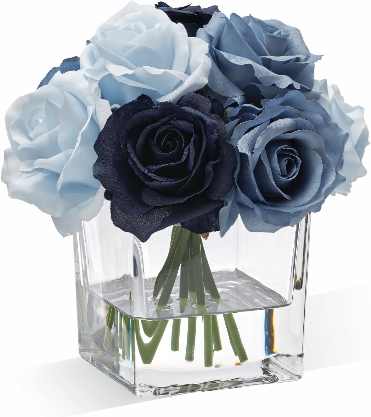 Silk Rose Artificial Flowers in Blue Vase with Faux Water