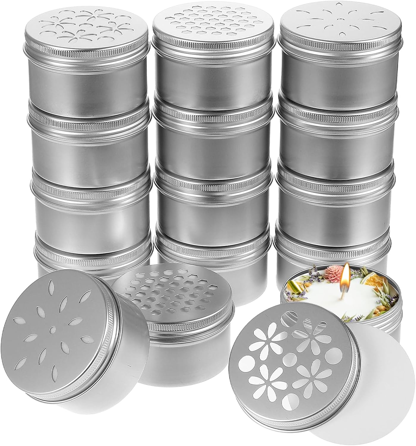 15 Pcs Aluminium Tins with Hollow Lids for Candles and Spices