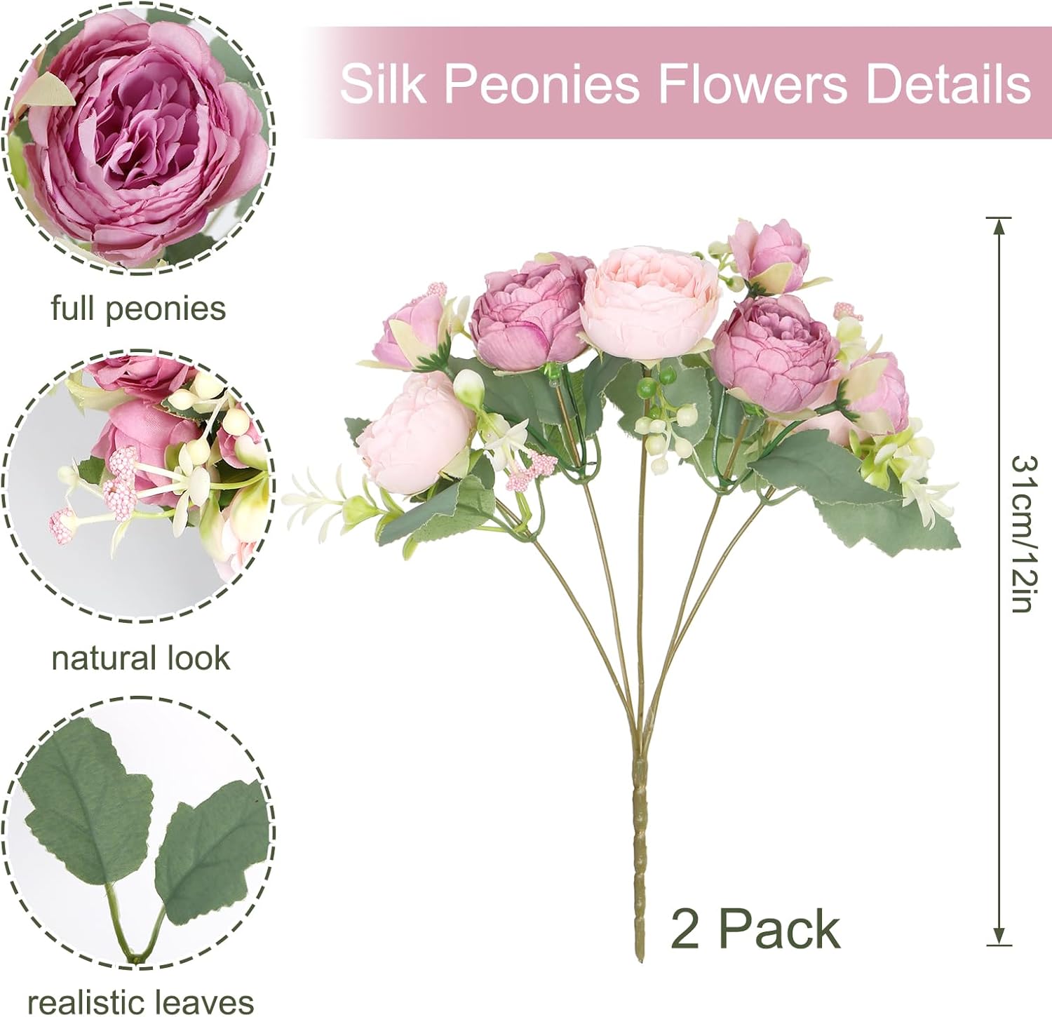 SOMYTING Artificial Pink Peonies Flowers Bouquets 2PCS