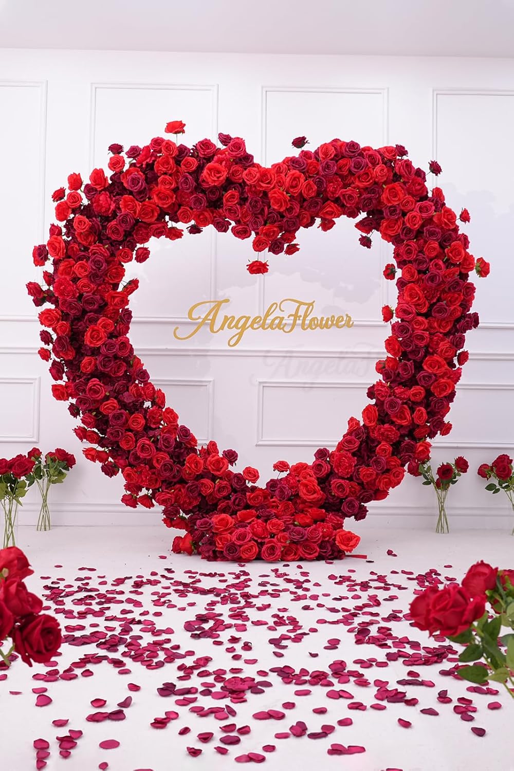 Dark Red Artificial Flower Heart Shape Wedding Arch Backdrop