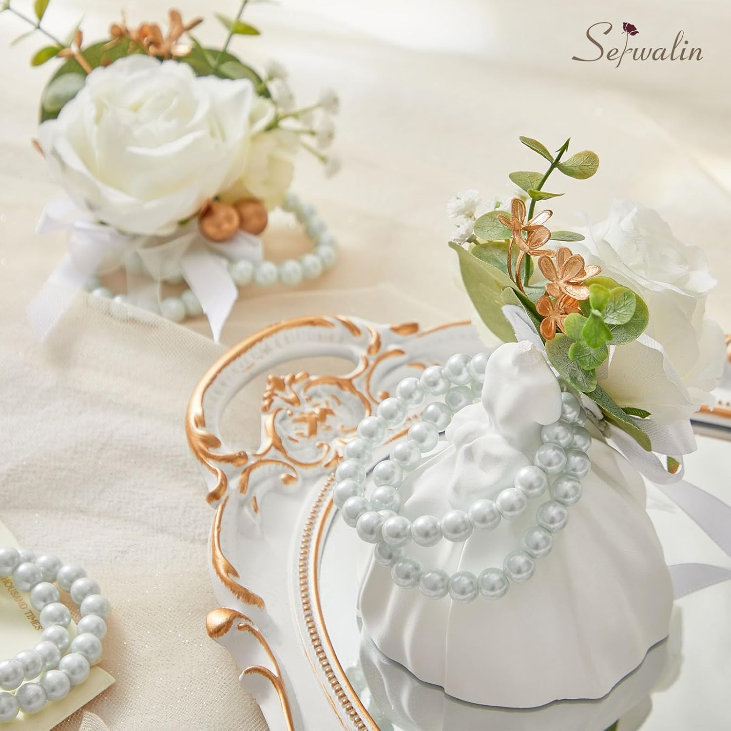 Serwalin 6Pcs White Prom Corsage Wristlet Set