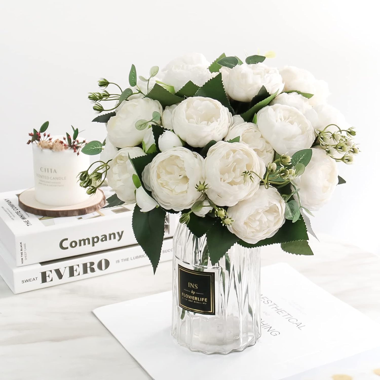 DEEMEI Artificial Peony Flowers Bouquet Set White