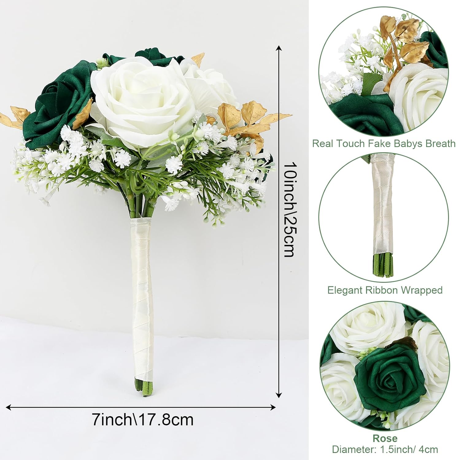 Wedding Bridesmaid Bouquet Set of 4 Artificial Flowers Emerald White Gold