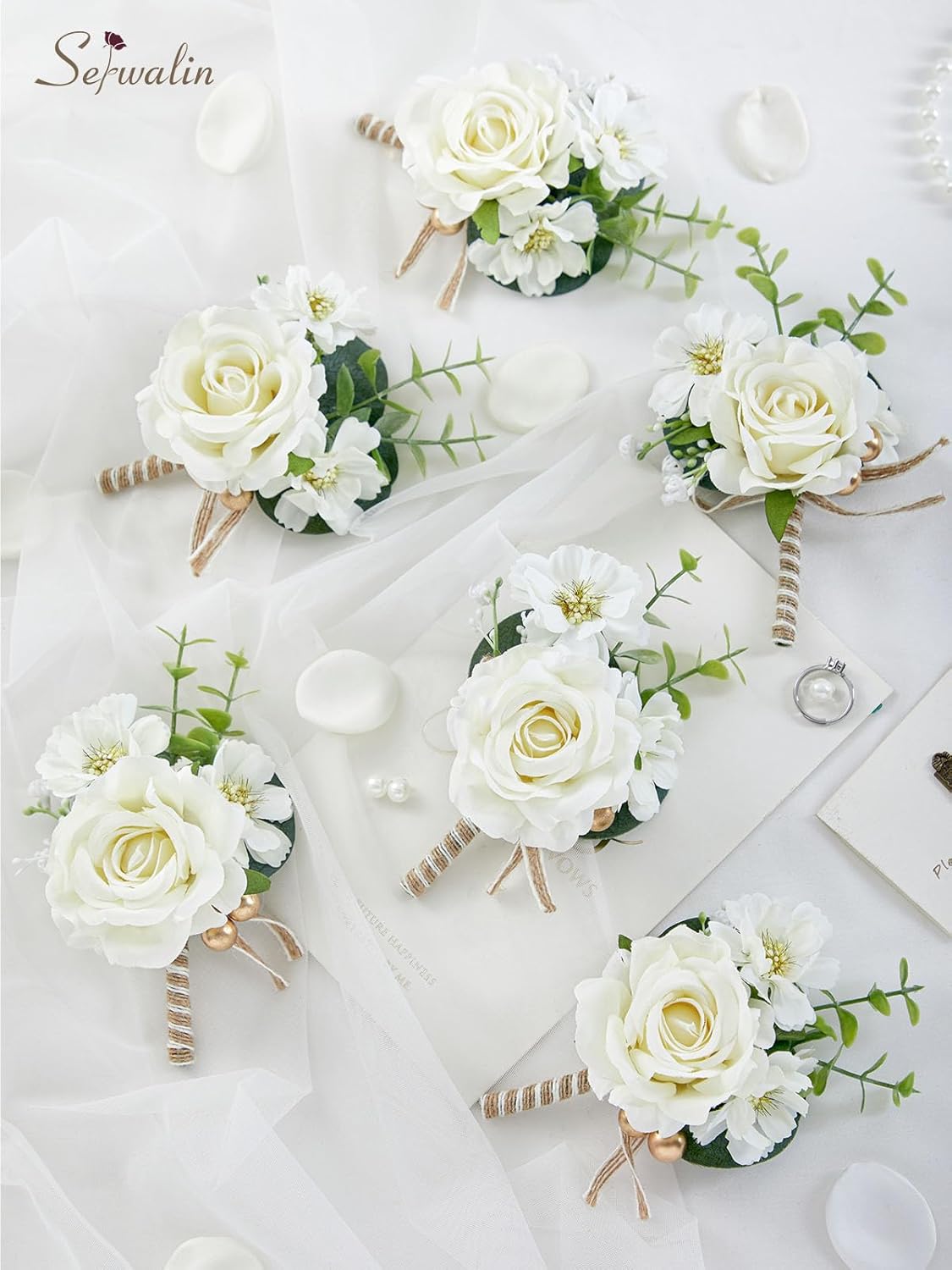 Serwalin 6PCS Ivory Rose Boutonniere for Men Wedding Groomsmen