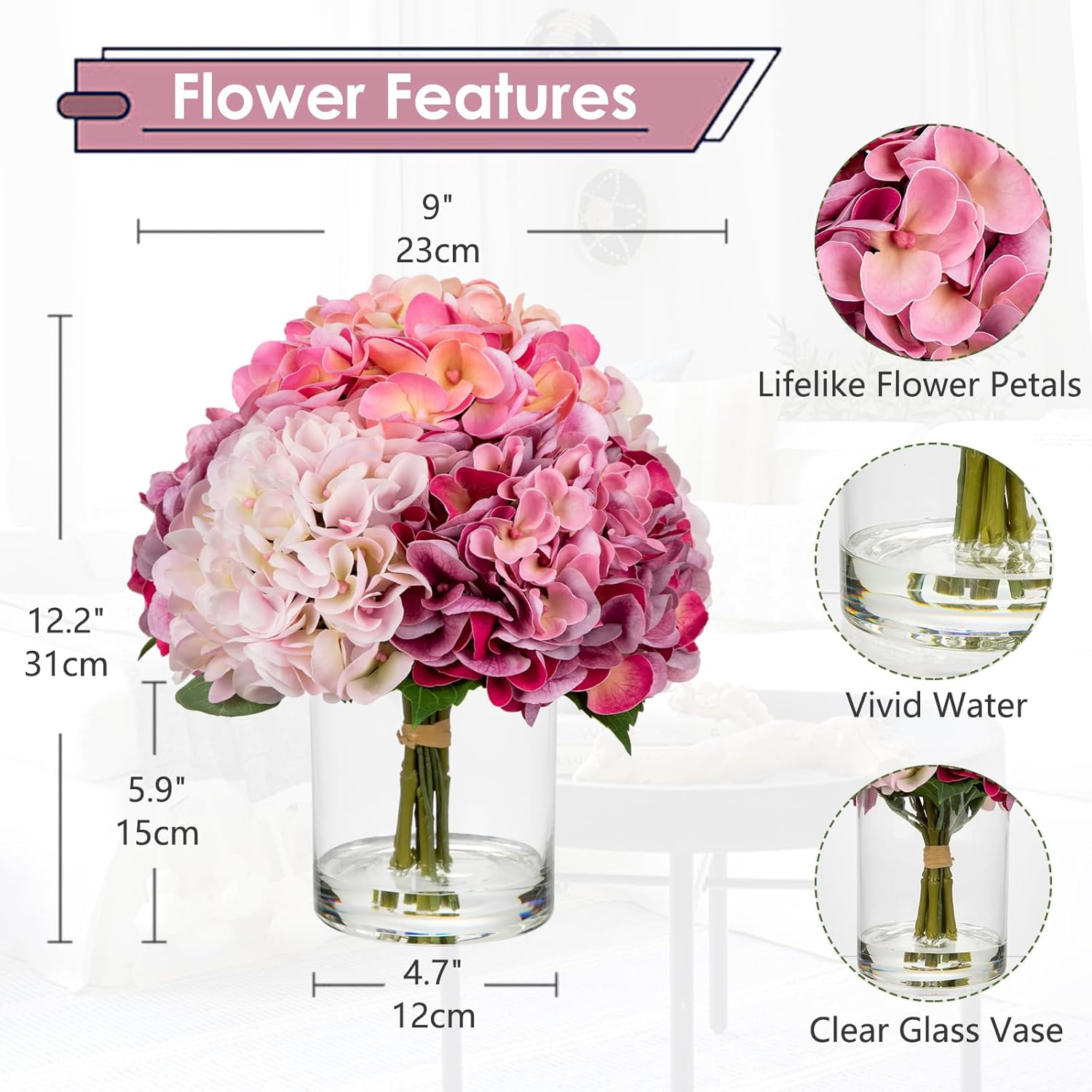 Hollyone Realistic Pink Hydrangea Artificial Flowers in Glass Vase