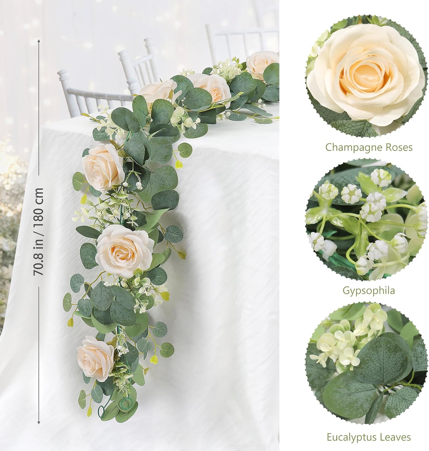 TOCHGREEN 2Pcs Artificial Eucalyptus Flower Garland with Champagne Rose and Gypsophila
