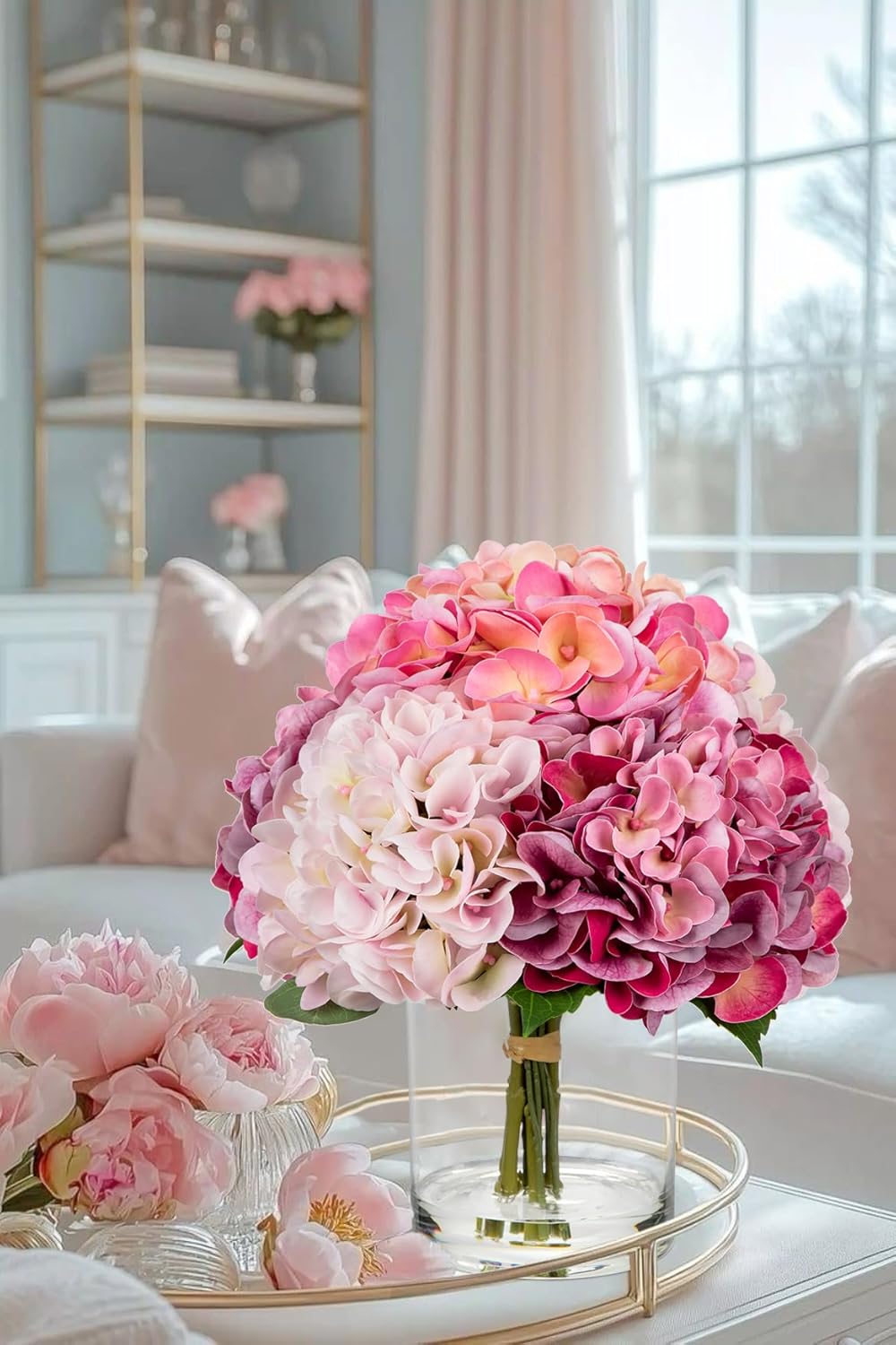 Hollyone Realistic Pink Hydrangea Artificial Flowers in Glass Vase