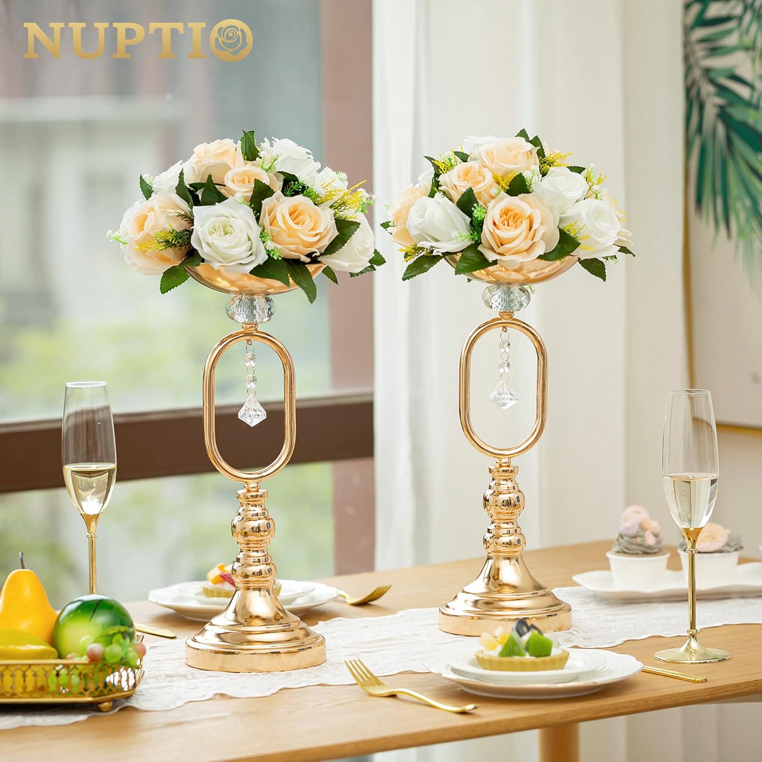 NUPTIO 6 Piece Champagne White Fake Flower Arrangement Bouquet with Base