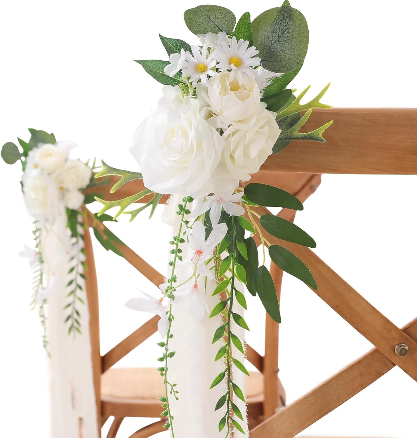 Wedding Chair Decorations 8pcs Artificial Flowers with Chiffon Ribbons