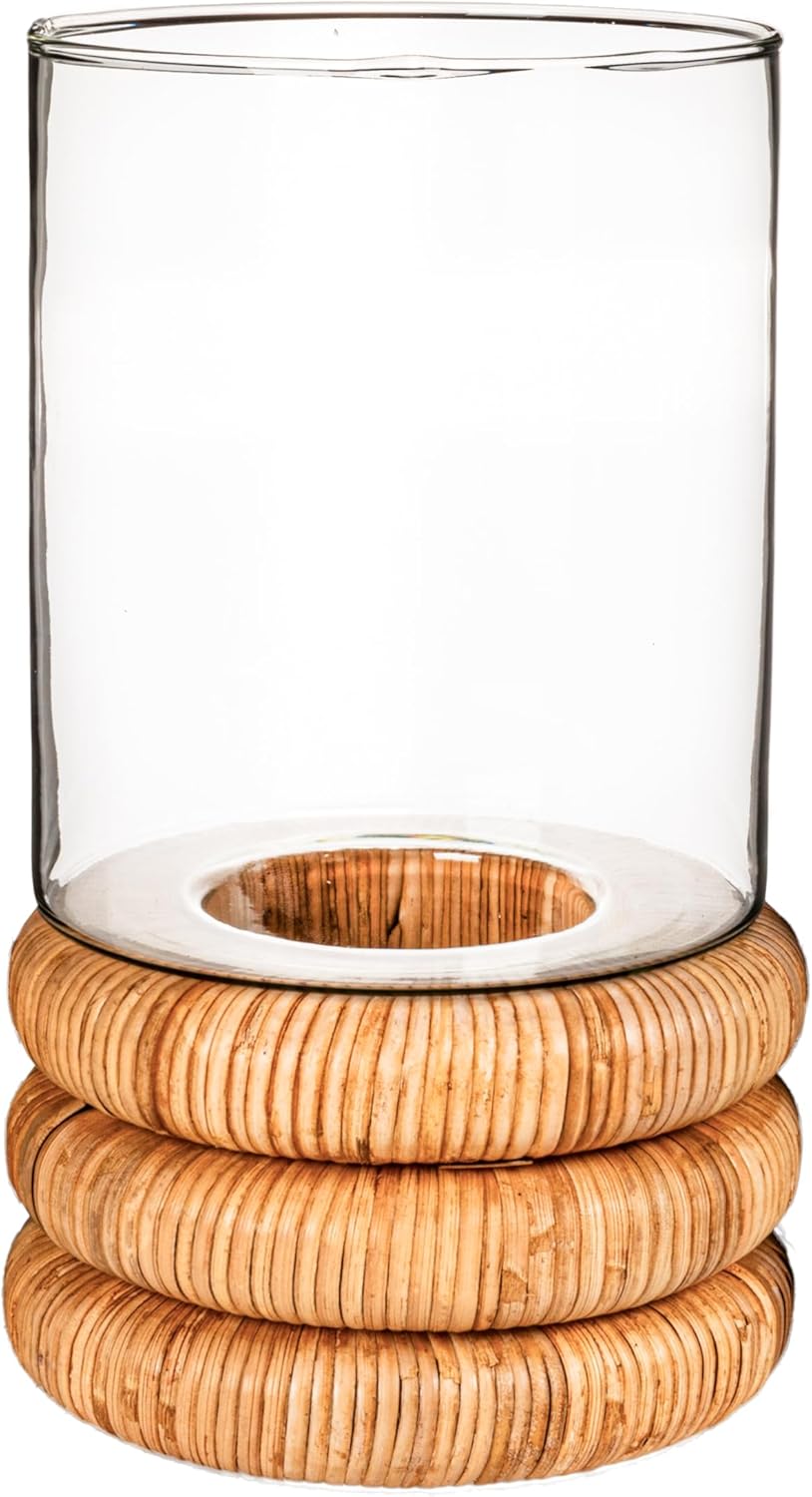 Creative Co Op Glass Hurricane Vase with Woven Rattan Base Small