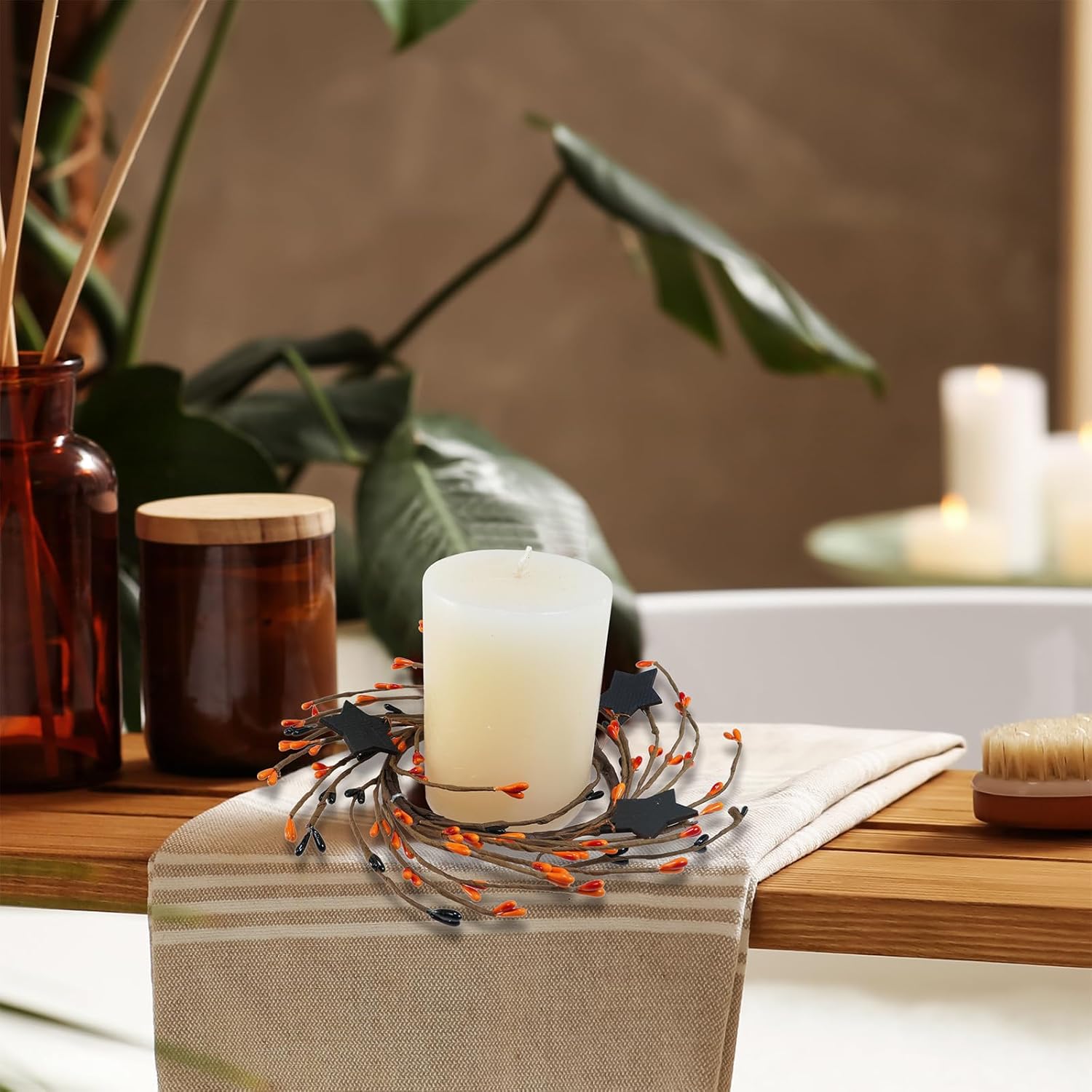 Winlyn 4 Pack Halloween Candle Rings with Wooden Stars