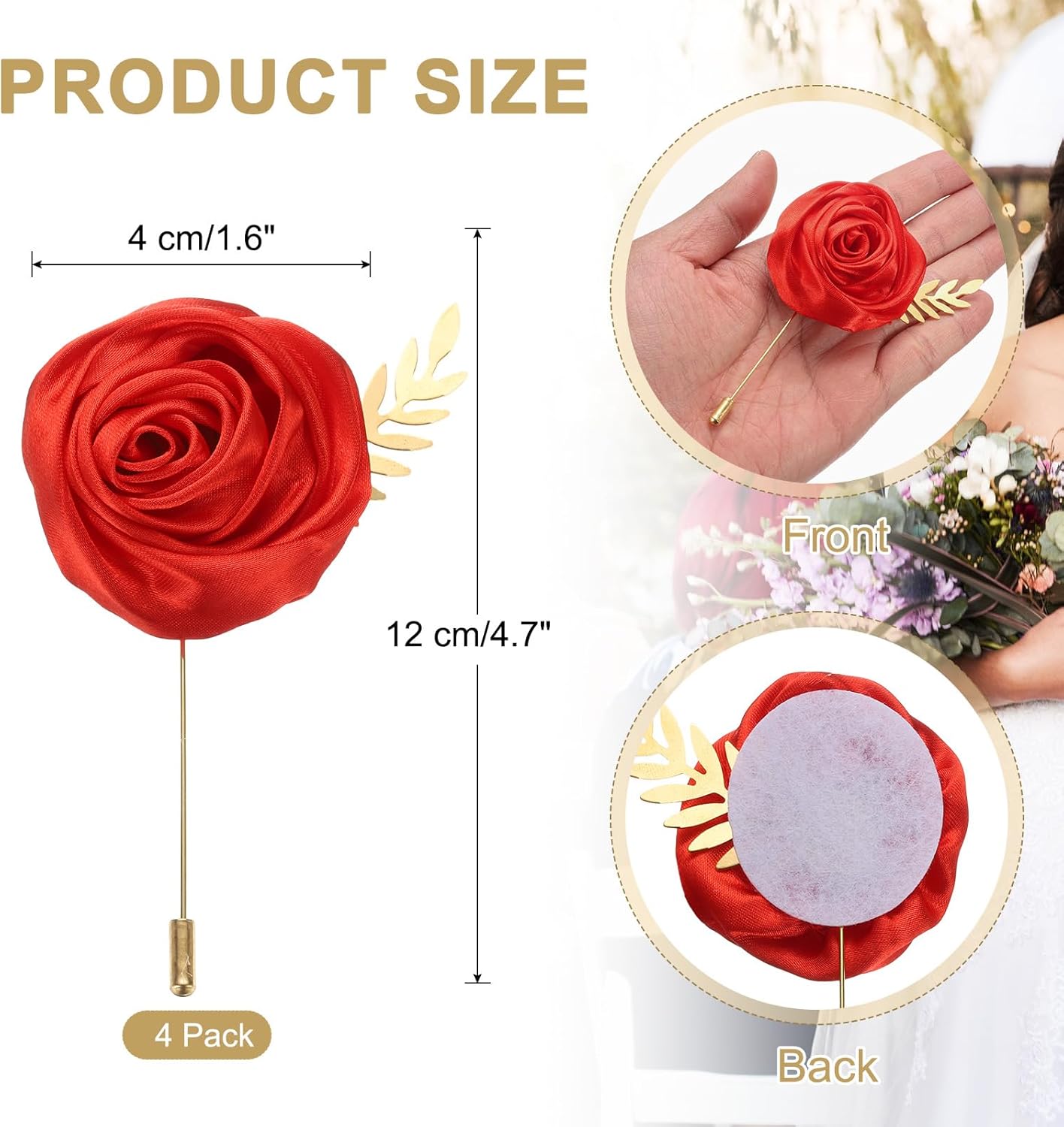 Uxcell 4pcs Red Rose Boutonnieres with Leaf for Formal Events