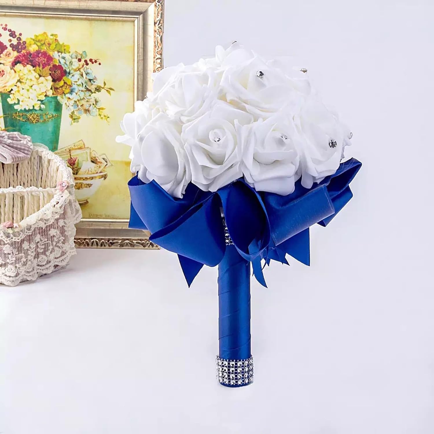 Crystal Diamond Silk Roses Wedding Bouquet Blue