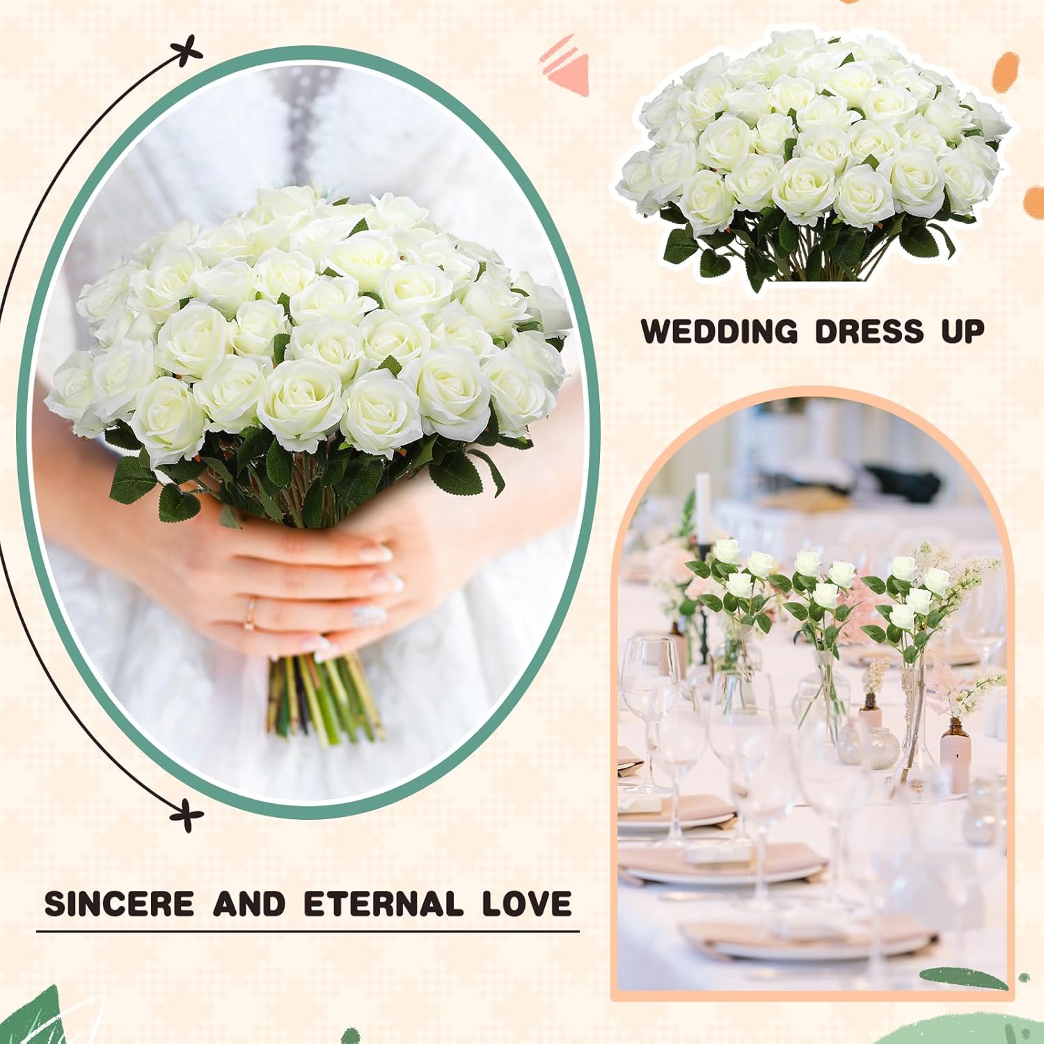 Tigeen 150 Pcs Artificial White Roses Bulk