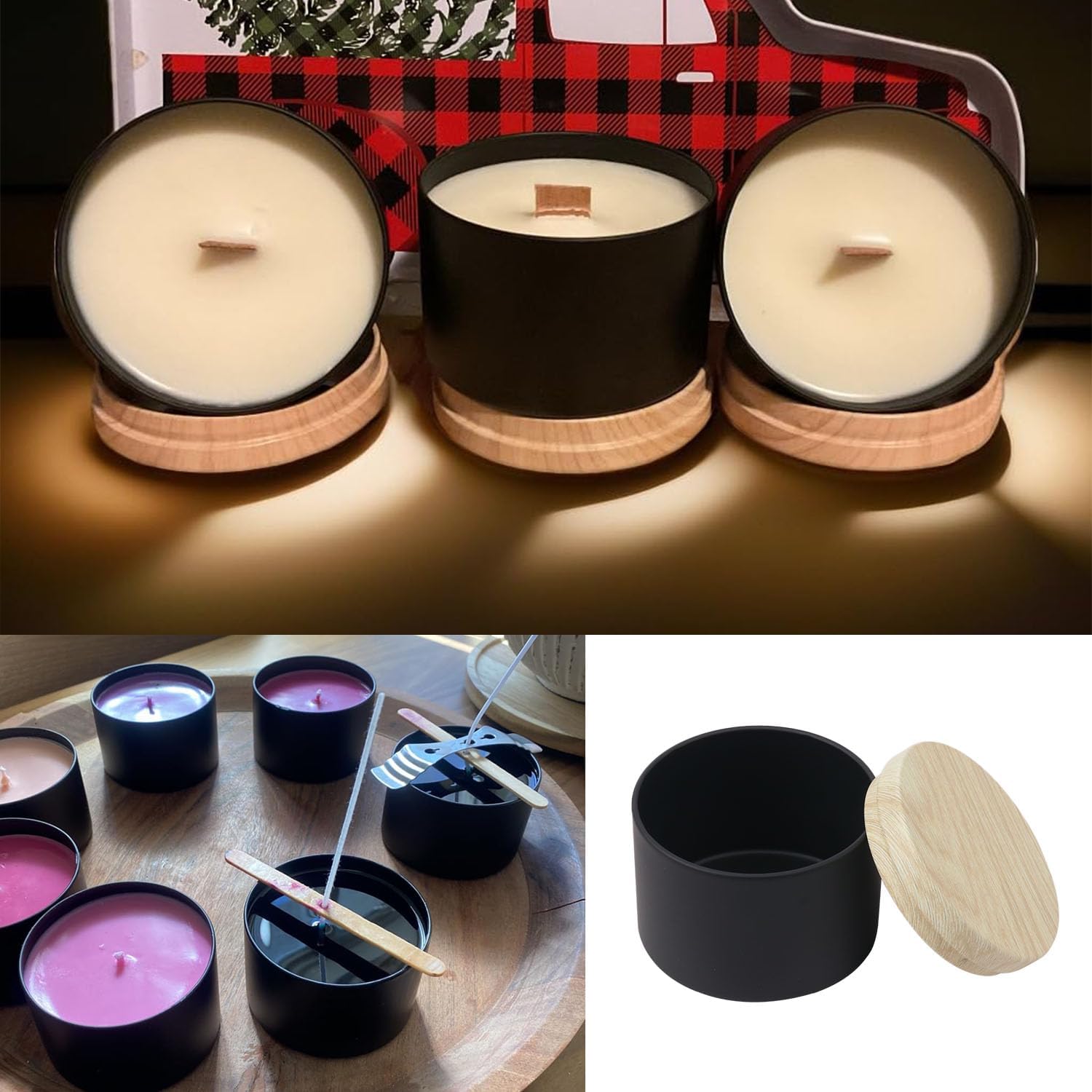 48 Pack 4 Oz Black Metal Candle Tins with Wood Grain Lids