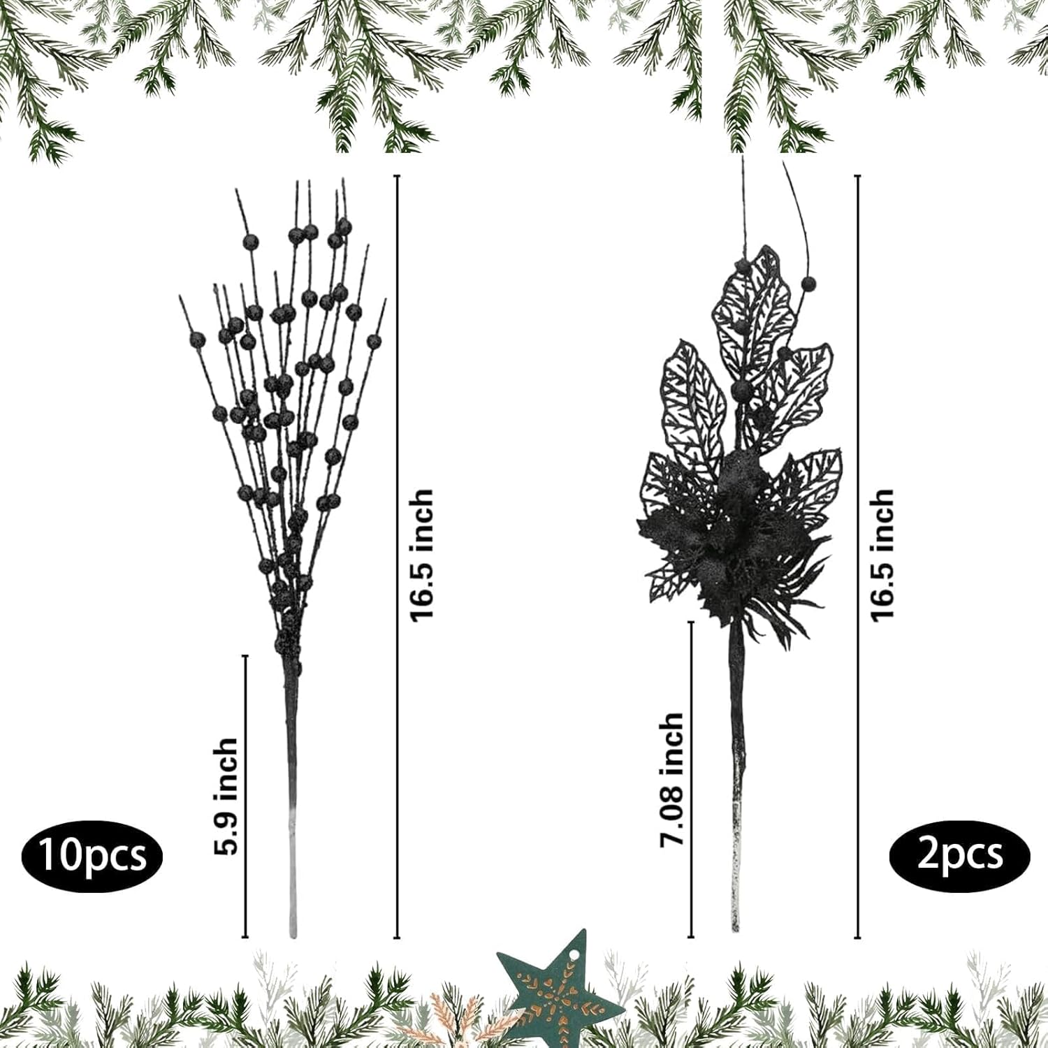 12 Pack Artificial Glitter Christmas Tree Picks Black with Berry Stems and Flowers