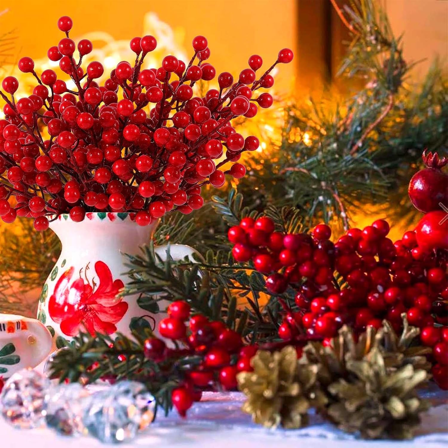 40 Pcs Red Artificial Berry Stems for Christmas Decor