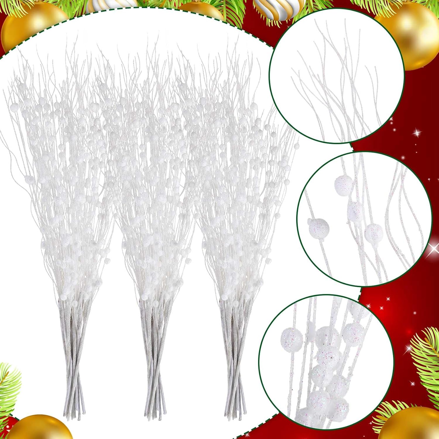 Libima 36 Pcs Glitter Berry Stem Ornaments White