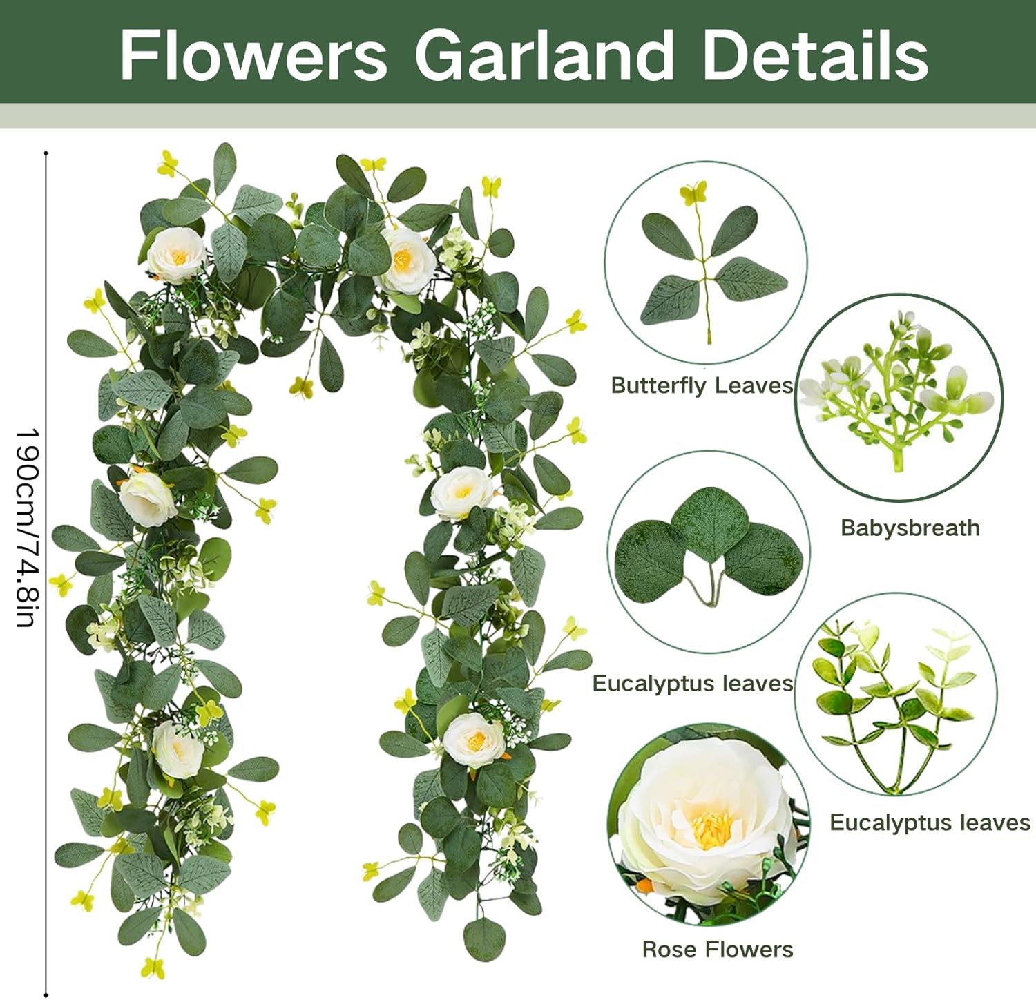 ASTRYAS 2 Pack Artificial Eucalyptus Garland with Flowers