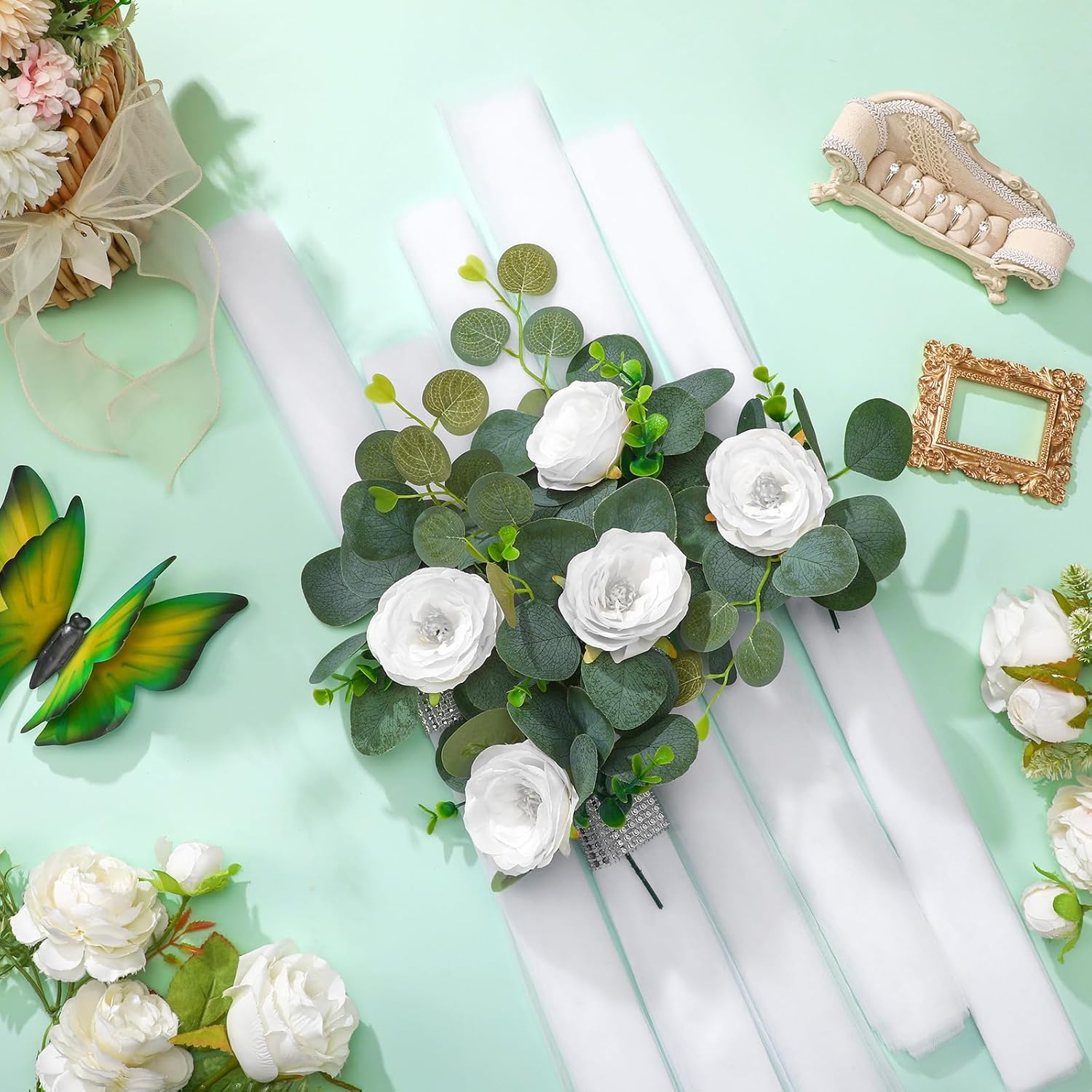 24 Piece Wedding Hydrangea Gardenia Chair Decor with Tulle Tails